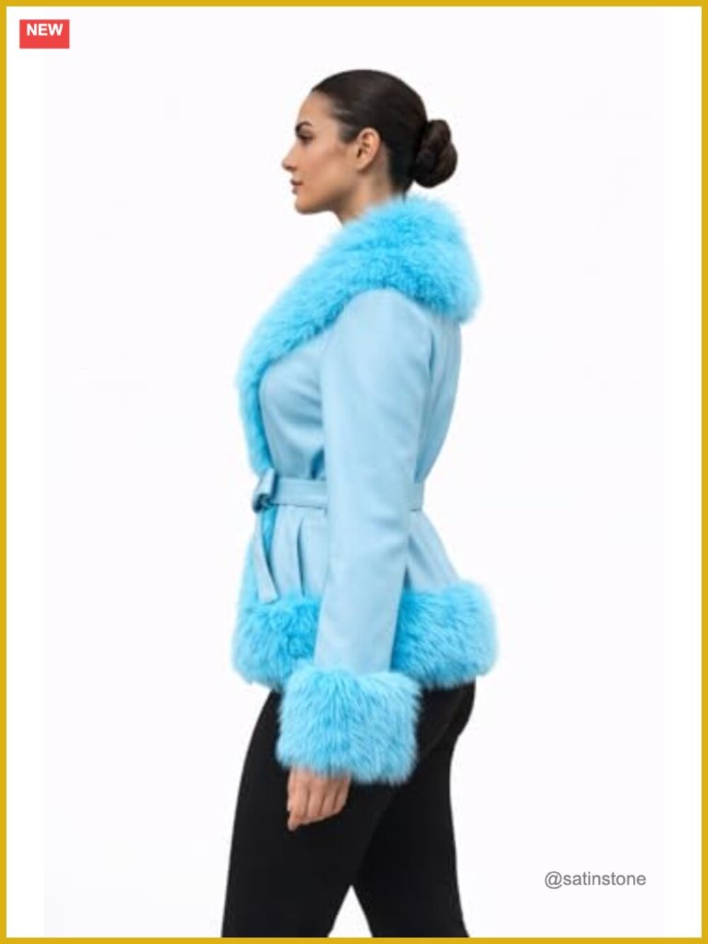 Women's Cropped Vegan Leather Jacket Faux Fur Trim Belted Fleece Lined - Picture 6 of 6